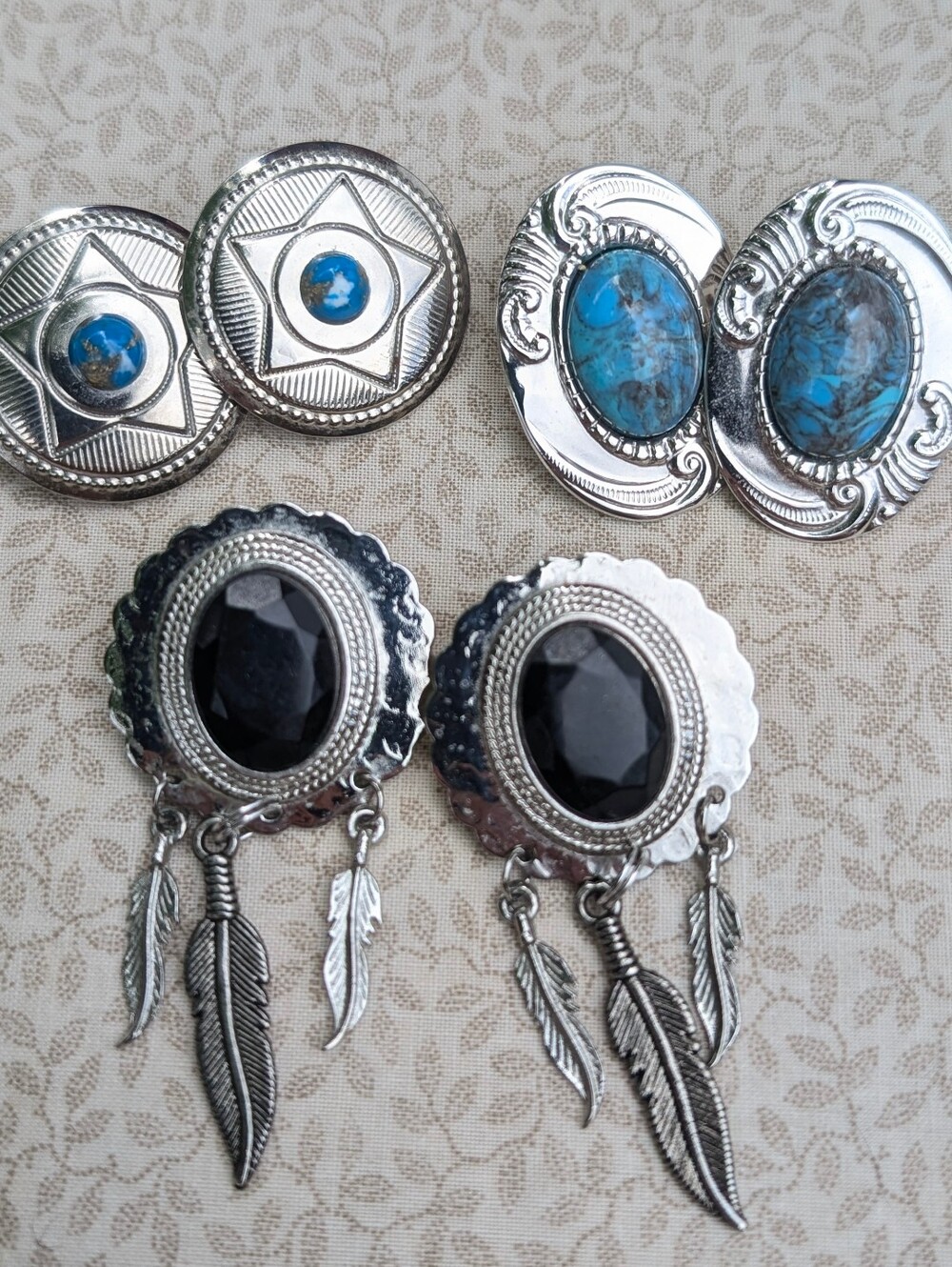 Western Concho Earring Lot with Turquoise & Black Stones Vintage